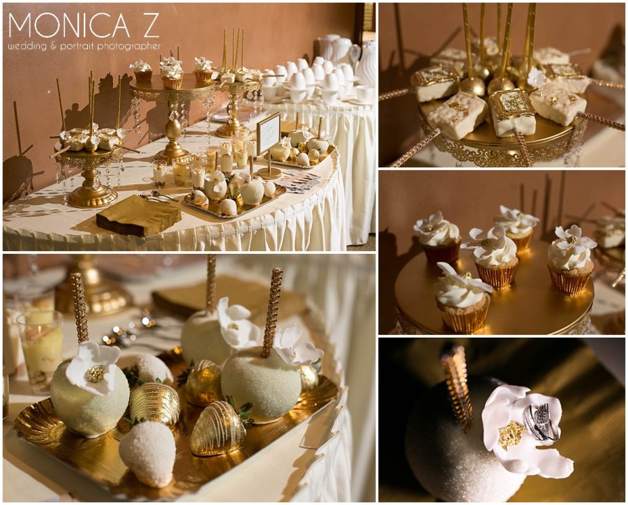 Golden sweets table at Sand Creek Country Club wedding Reception