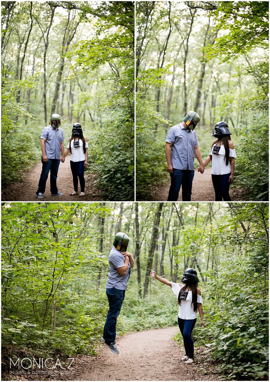 couple wearing star wars masks in engagement session photos