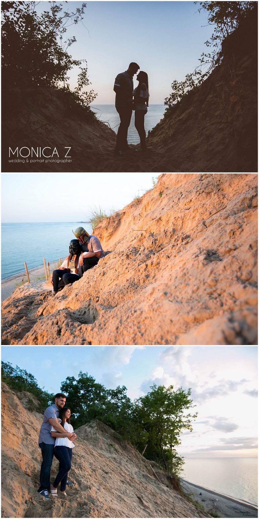 Couple on sand dune facing lake michigan. engagement session